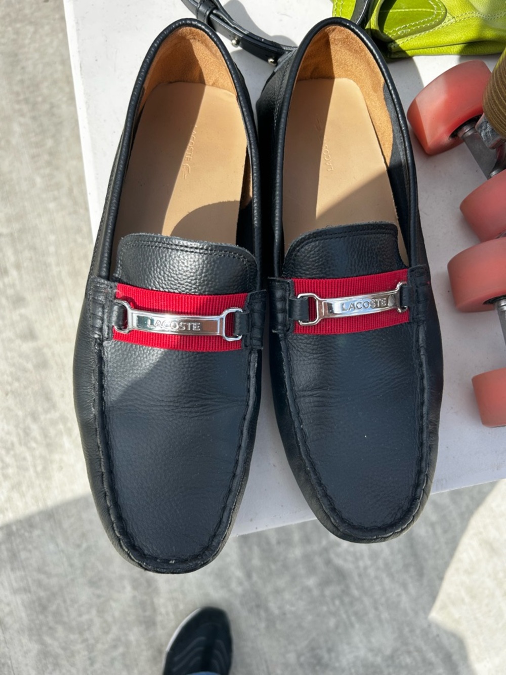 Lacoste Black Leather Men’s Slip-On Loafers with Red Ribbon Detail